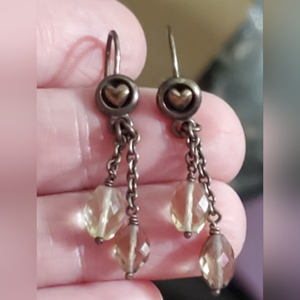 Vintage RARE PANDORA 925 14k sterling heart earrings lime smoky quartz estate
